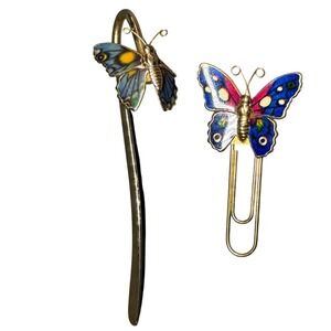 Vintage Cloisonne Enamel Butterfly Bookmark and Paper Clip Set Gold Tone Taiwan